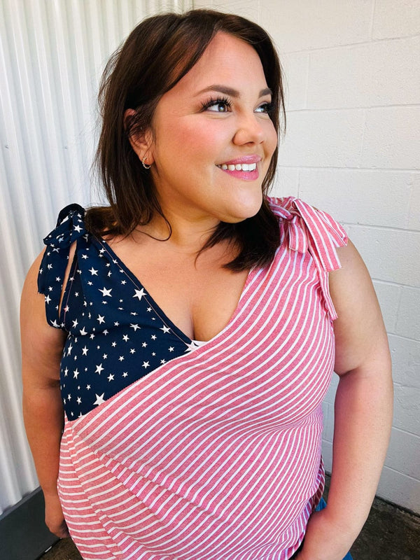 Stars & Stripes V Neck Shoulder Tie Detail Top - Coeur de la Mode