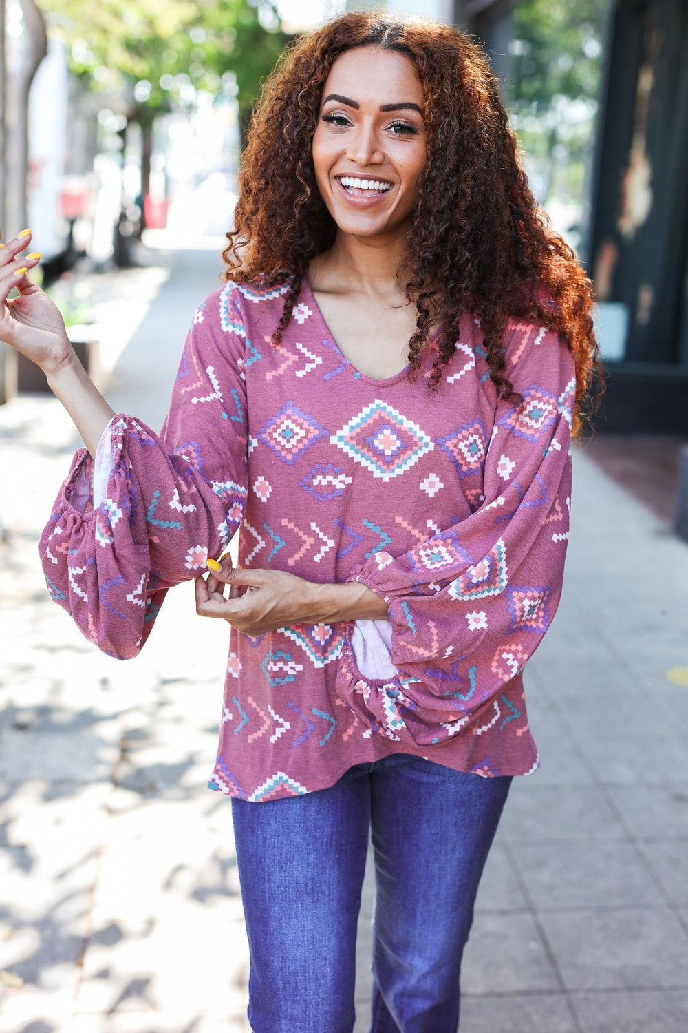 Boho Vibes Elastic Long Sleeve Aztec Print V Neck Pullover - Coeur de la Mode