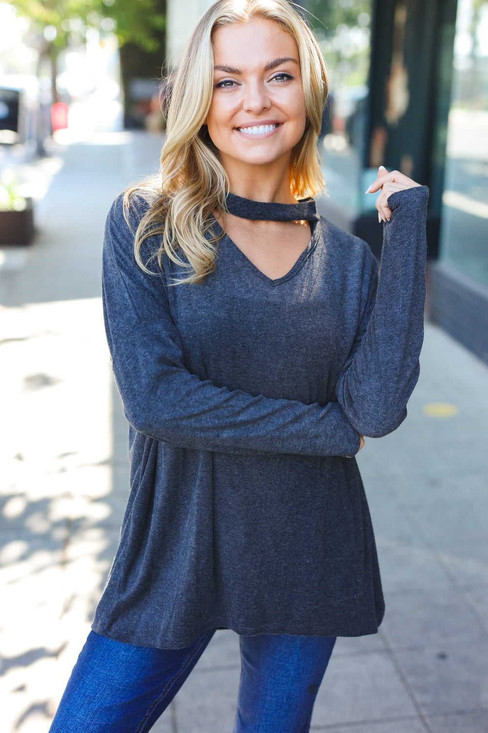 Casual Chic Solid Grey Choker Long Sleeve Hacci Pullover - Coeur de la Mode