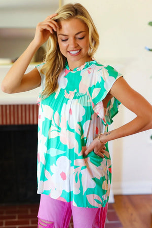 Feeling Joyful Aqua Floral Mock Neck Flutter Sleeve Top - Coeur de la Mode