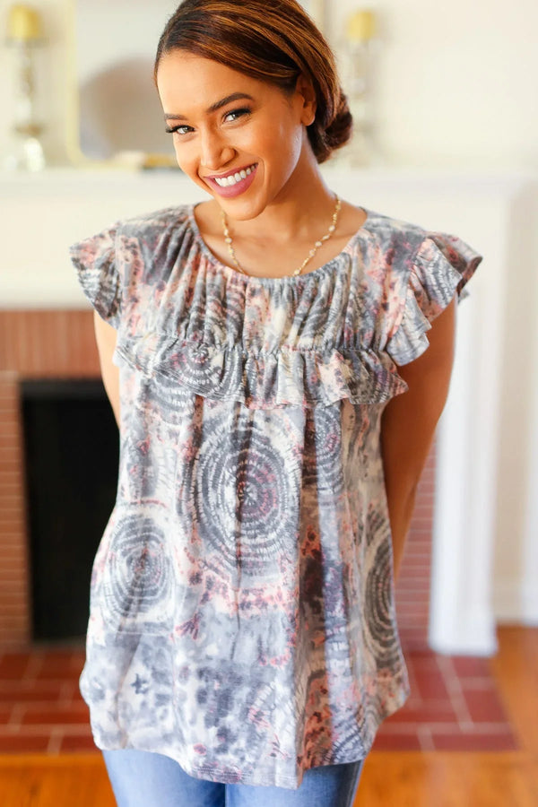 Everyday Gray & Coral Tie Dye Frilled Short Sleeve Yoke Top - Coeur de la Mode