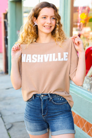 Taupe Pop-Up Embroidered "NASHVILLE" Ribbed Top - Coeur de la Mode