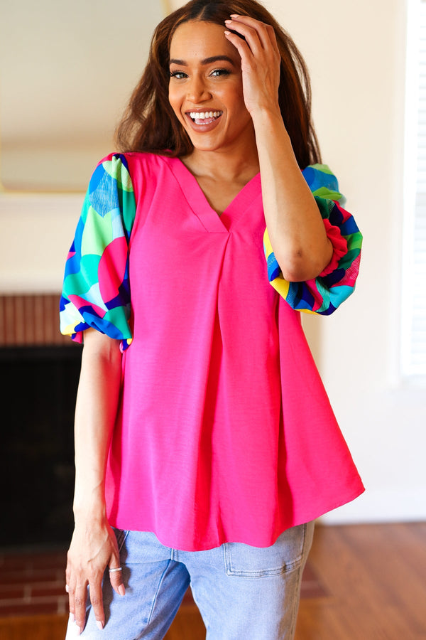 Tell Your Story Fuchsia Geo Print Puff Sleeve V Neck Top - Coeur de la Mode