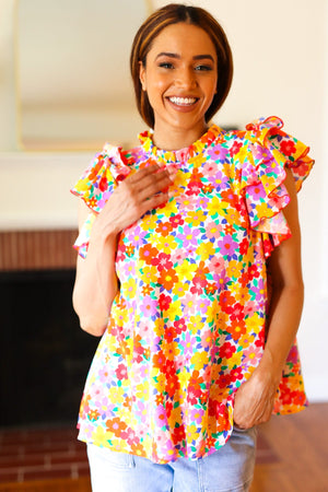 Flower Power Ivory & Red Floral Mock Neck Flutter Sleeve Top - Coeur de la Mode