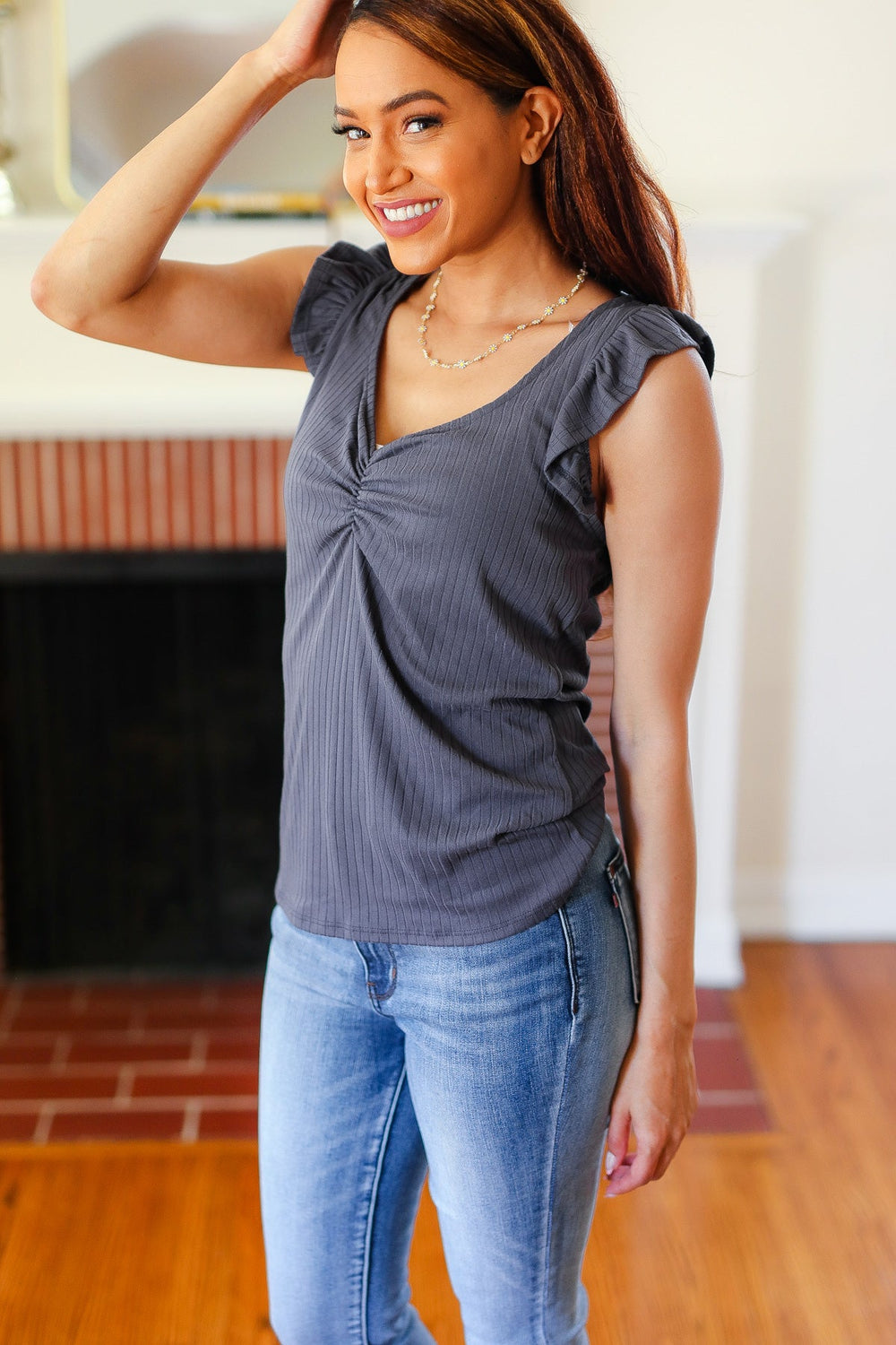 Sunny Days Charcoal Sweetheart Neckline Ribbed Top - Coeur de la Mode