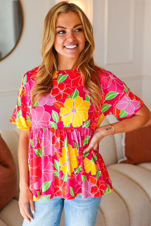 Time For Sun Fuchsia Floral Drop Shoulder Babydoll Top - Coeur de la Mode