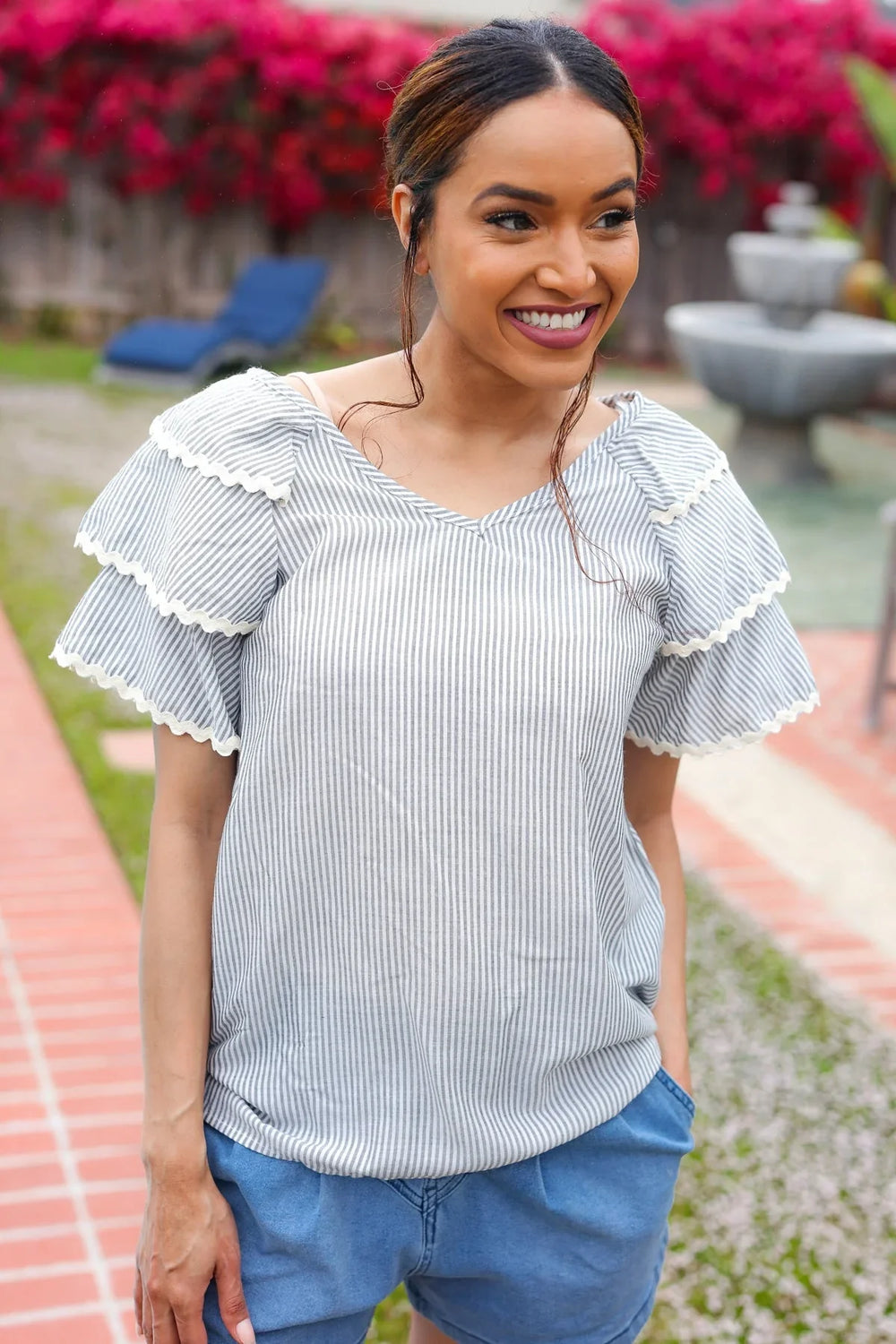 Lovely In Gray Stripe Tiered Ruffle Sleeve Ric Rac Trim Top - Coeur de la Mode
