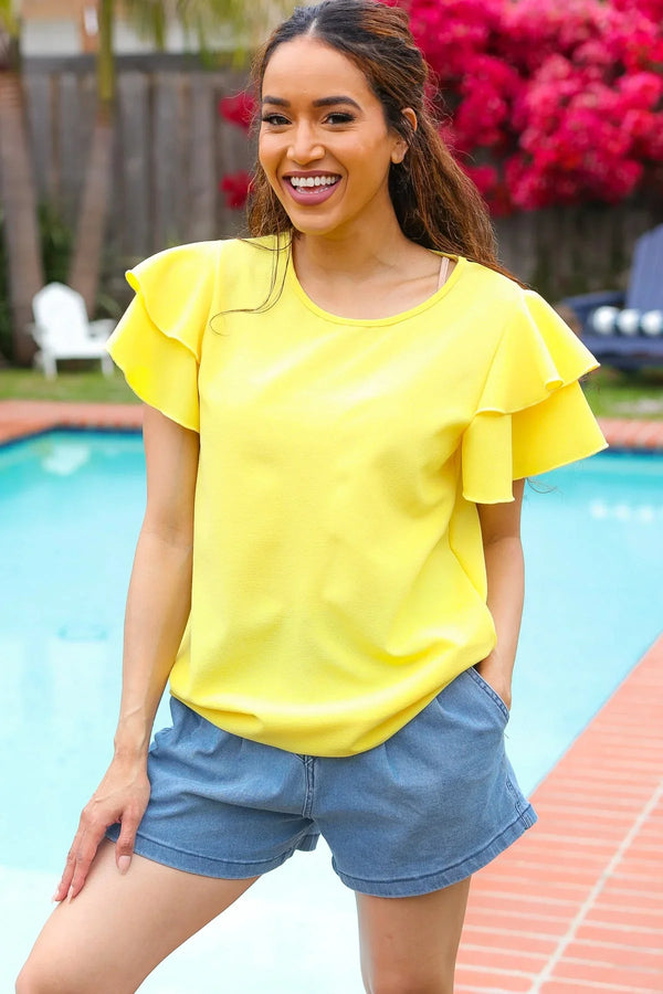 Lovely In Yellow Tiered Double Ruffle Sleeve Woven Top - Coeur de la Mode