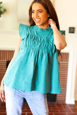 Love Life Cotton Turquoise Frill Mock Neck Flutter Sleeve Top - Coeur de la Mode