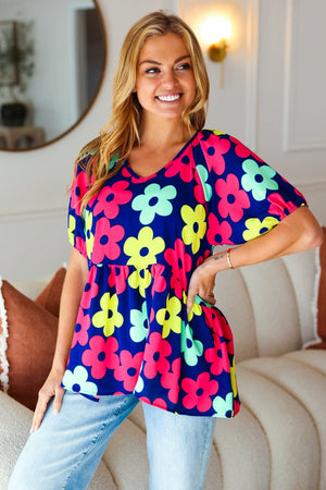 Sunny Days Navy Flat Floral Bubble Sleeve Babydoll Top - Coeur de la Mode