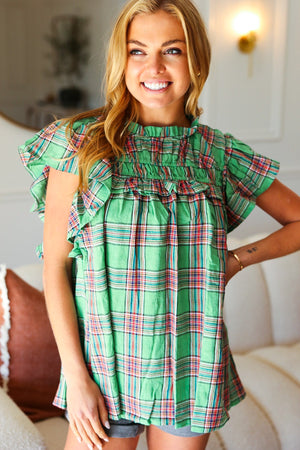 Live For Today Green Plaid Shirred Yoke Flutter Sleeve Top - Coeur de la Mode