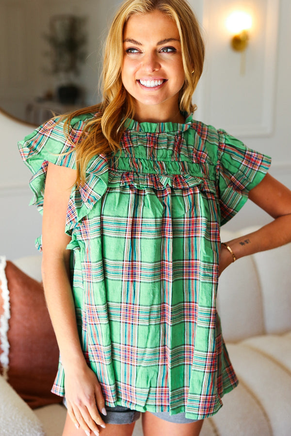 Live For Today Green Plaid Shirred Yoke Flutter Sleeve Top - Coeur de la Mode