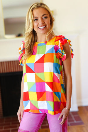You Got This Red Geometric Print Double Ruffle Sleeve Top - Coeur de la Mode