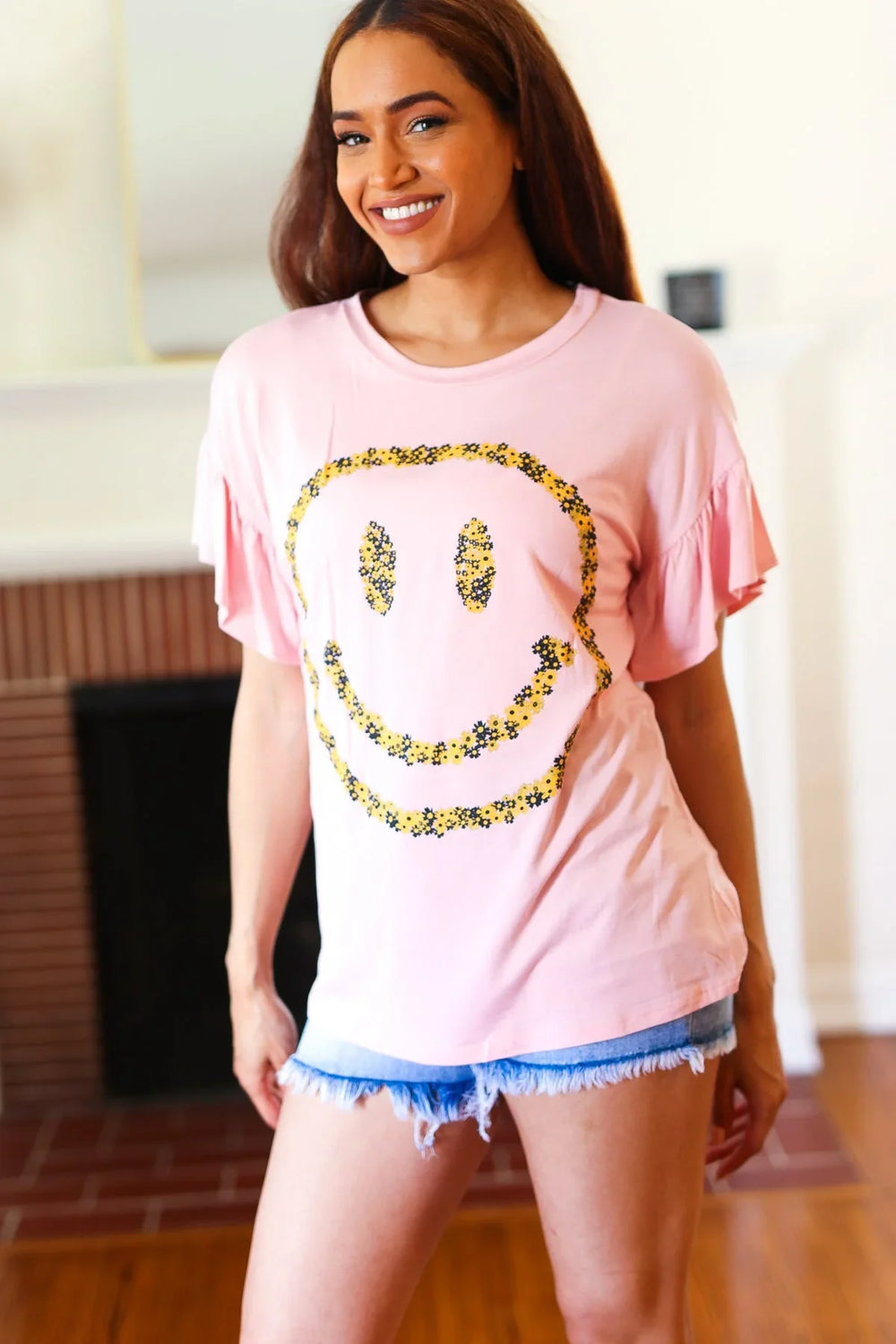 Live For Today Pink Floral Smiley Face Flutter Sleeve Tee - Coeur de la Mode
