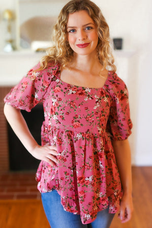 Just So Sweet Dusty Rose Floral Print Smocked Puff Sleeve Top - Coeur de la Mode