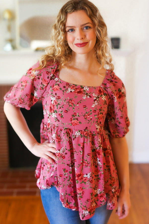 Just So Sweet Dusty Rose Floral Print Smocked Puff Sleeve Top - Coeur de la Mode