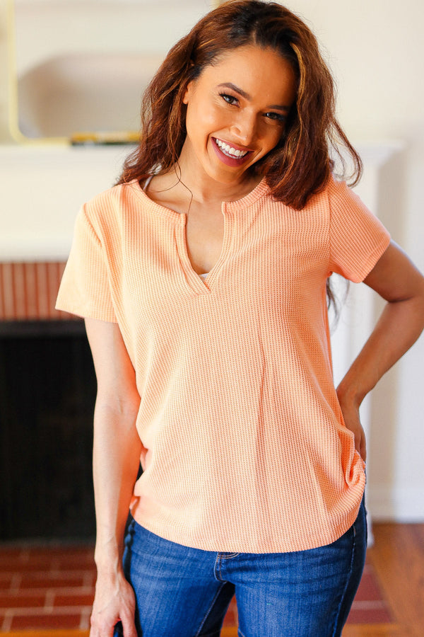 Feel Your Best Coral Baby Waffle Henley Neckline Top (Copy) - Coeur de la Mode