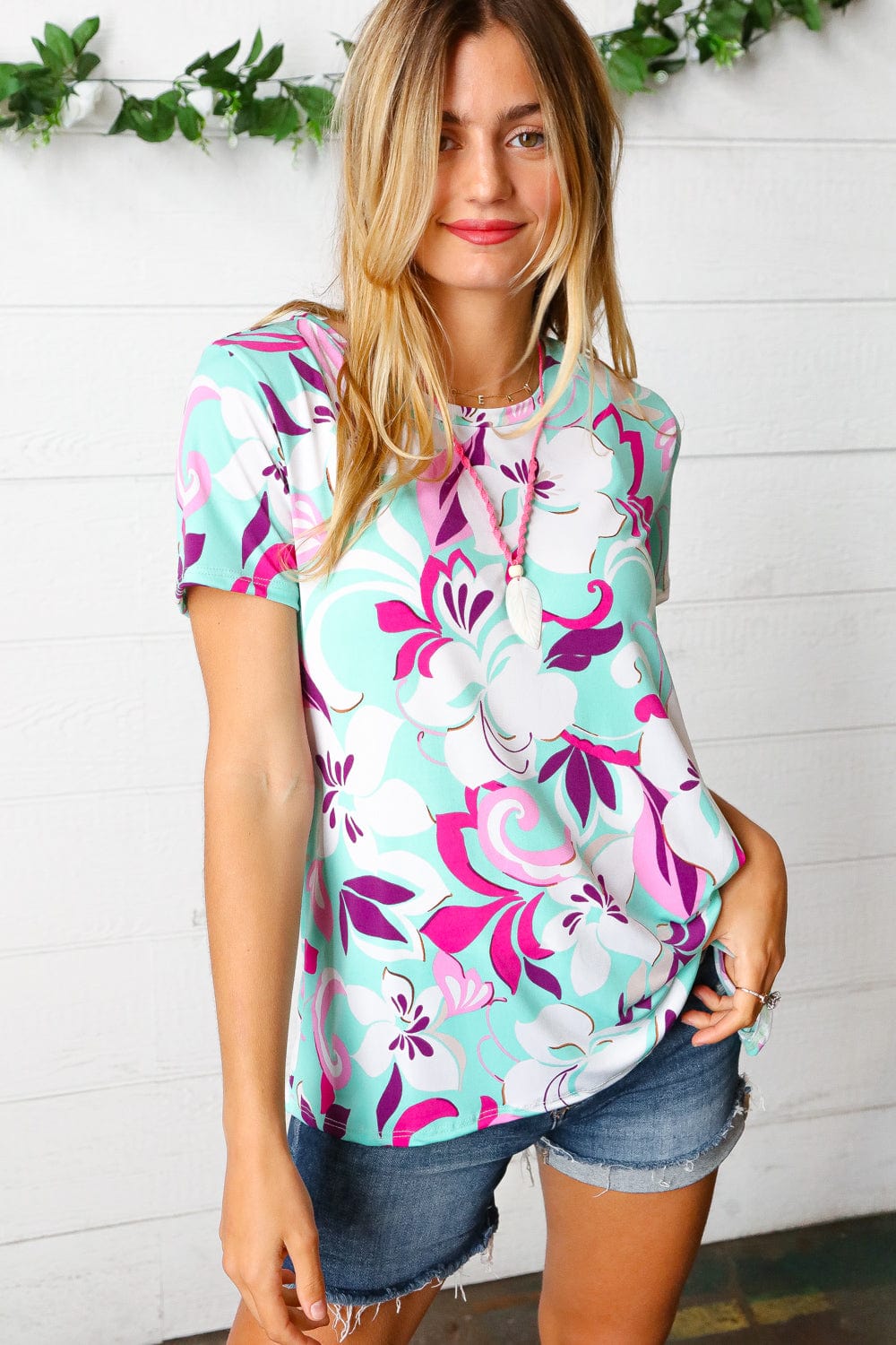 Turquoise & Purple Flat Floral Print Top - Coeur de la Mode