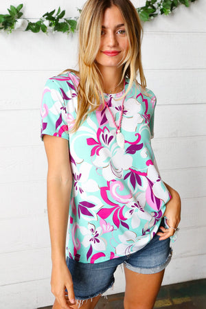 Turquoise & Purple Flat Floral Print Top - Coeur de la Mode
