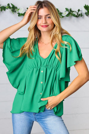 Sea Green Button Ruffle Woven Top - Coeur de la Mode