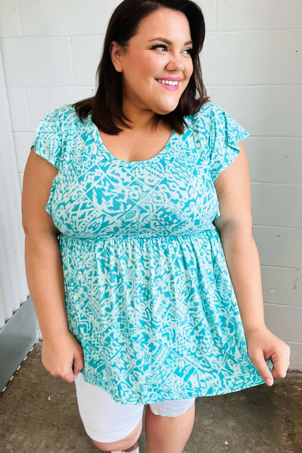 Aqua Boho Print Ruffle Short Sleeve Babydoll Top - Coeur de la Mode