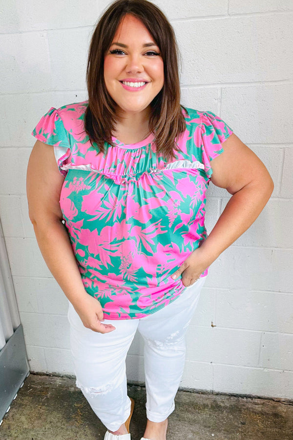 Pink & Green Floral Print Frilled Short Sleeve Yoke Top - Coeur de la Mode