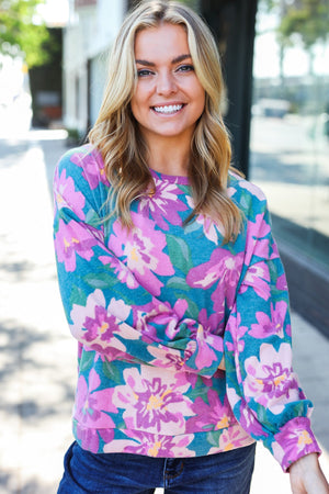 Feeling Femme Teal Floral Brushed Hacci Sweater Top - Coeur de la Mode