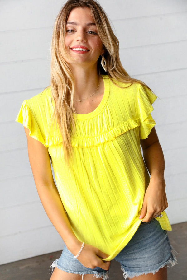 Yellow Wide Rib Frilled Short Sleeve Yoke Top - Coeur de la Mode