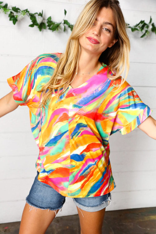 Watercolor Paint Strokes V Neck Top - Coeur de la Mode