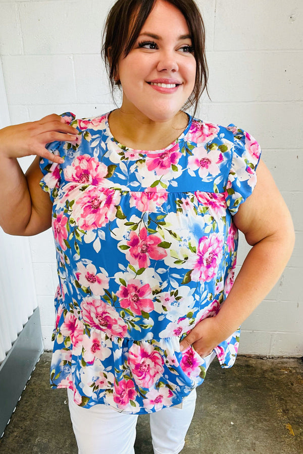 Sky Blue Floral Yoke Flutter Sleeve Keyhole Back Top - Coeur de la Mode