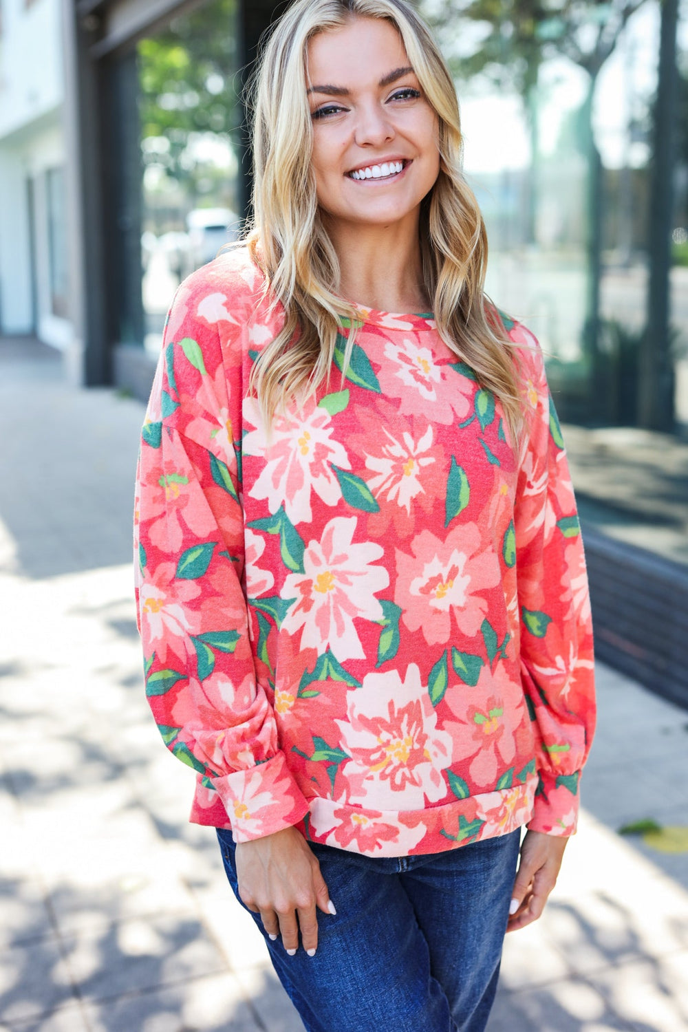 Feeling Femme Red Floral Brushed Hacci Sweater Top - Coeur de la Mode