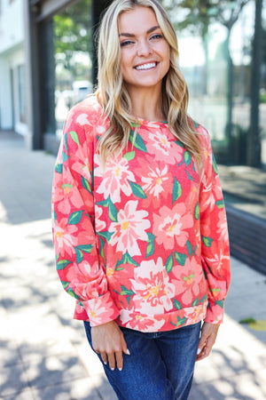 Feeling Femme Red Floral Brushed Hacci Sweater Top - Coeur de la Mode