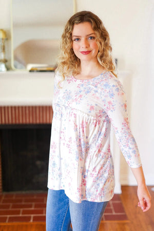 Feeling Fun Blue & Pink Floral Ribbed Babydoll Ruffle Top - Coeur de la Mode