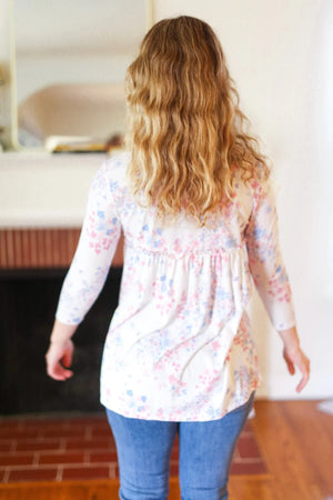 Feeling Fun Blue & Pink Floral Ribbed Babydoll Ruffle Top - Coeur de la Mode