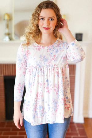 Feeling Fun Blue & Pink Floral Ribbed Babydoll Ruffle Top - Coeur de la Mode