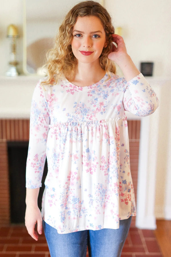 Feeling Fun Blue & Pink Floral Ribbed Babydoll Ruffle Top - Coeur de la Mode