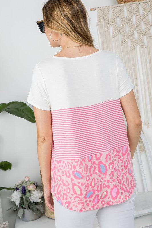 PLUS ANIMAL STRIPE AND SOLID JERSEY MIXED COLORBLOCK TOP- Plus Animal stripe solid colorblock top- Round neck short sleeves- Loose fit- Animal terry print stripe solCoeur de la Mode