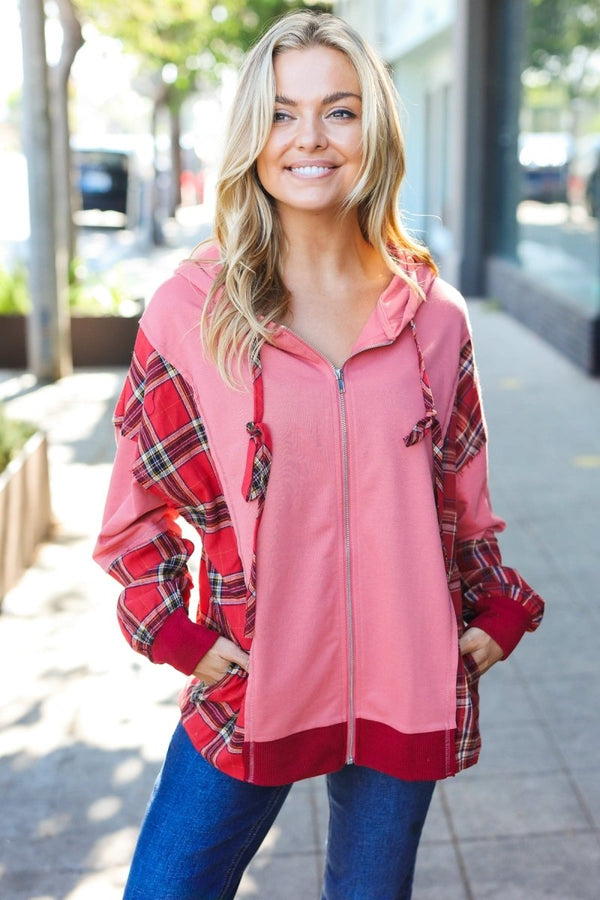 Adorable in Marsala Plaid Color Block Zipper French Terry Hoodie - Coeur de la Mode