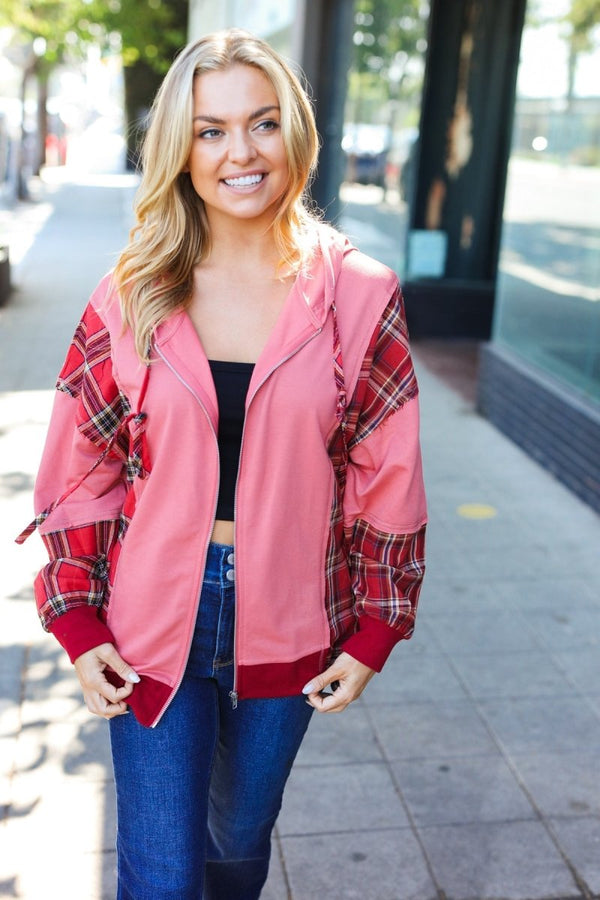Adorable in Marsala Plaid Color Block Zipper French Terry Hoodie - Coeur de la Mode