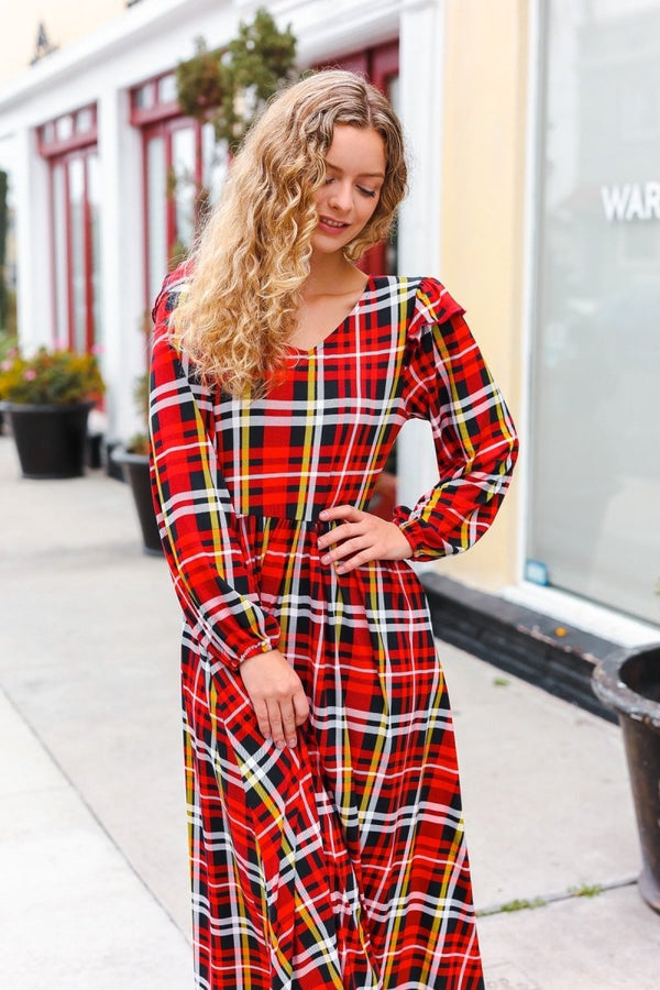 Adorable In Red Plaid Ruffle Detail Fit & Flare Midi Dress - Coeur de la Mode
