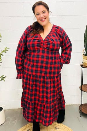 All I Want Red Plaid Elastic V Neck Tiered Maxi Dress - Coeur de la Mode