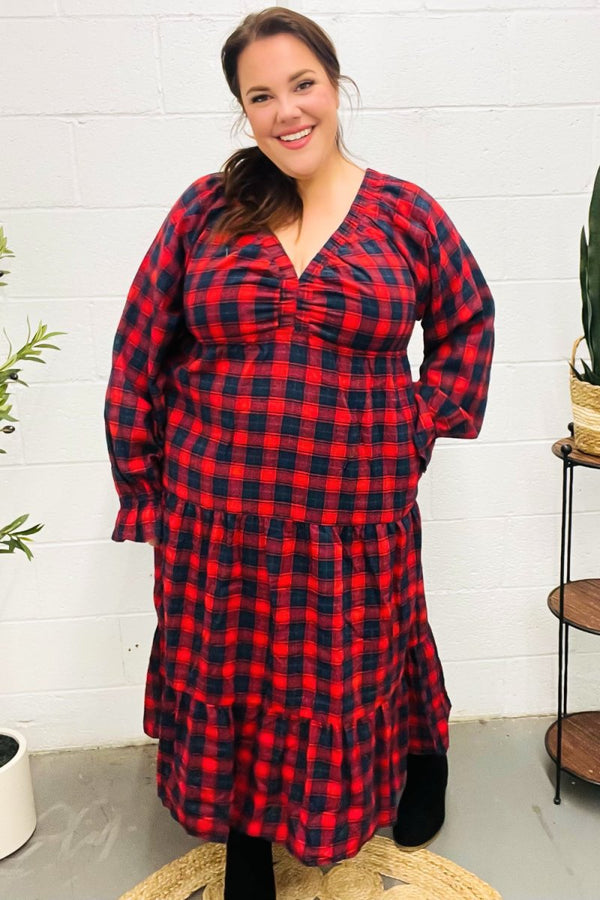 All I Want Red Plaid Elastic V Neck Tiered Maxi Dress - Coeur de la Mode