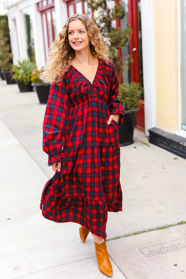 All I Want Red Plaid Elastic V Neck Tiered Maxi Dress - Coeur de la Mode