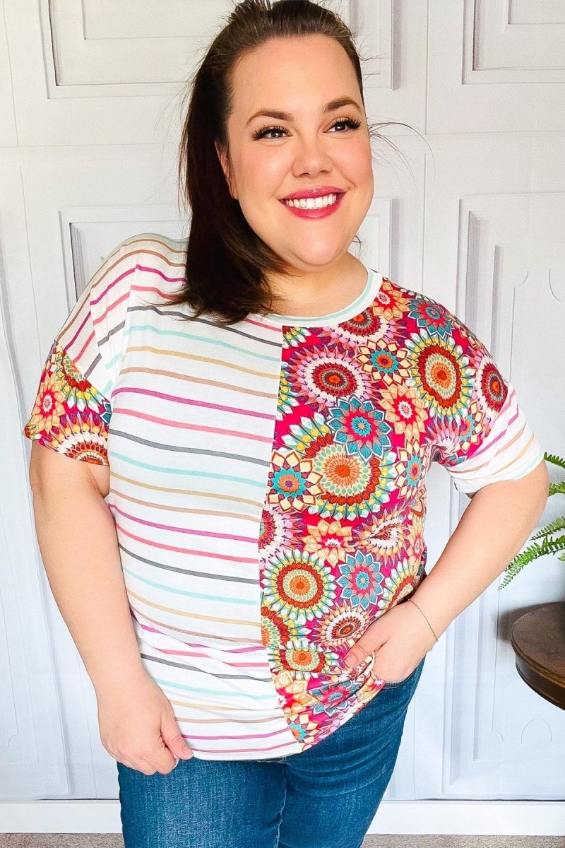 Always Fun Ivory & Fuchsia Stripe and Crochet Print Top - Coeur de la Mode