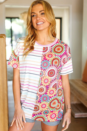 Always Fun Ivory & Fuchsia Stripe and Crochet Print Top - Coeur de la Mode