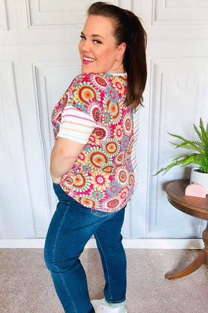 Always Fun Ivory & Fuchsia Stripe and Crochet Print Top - Coeur de la Mode