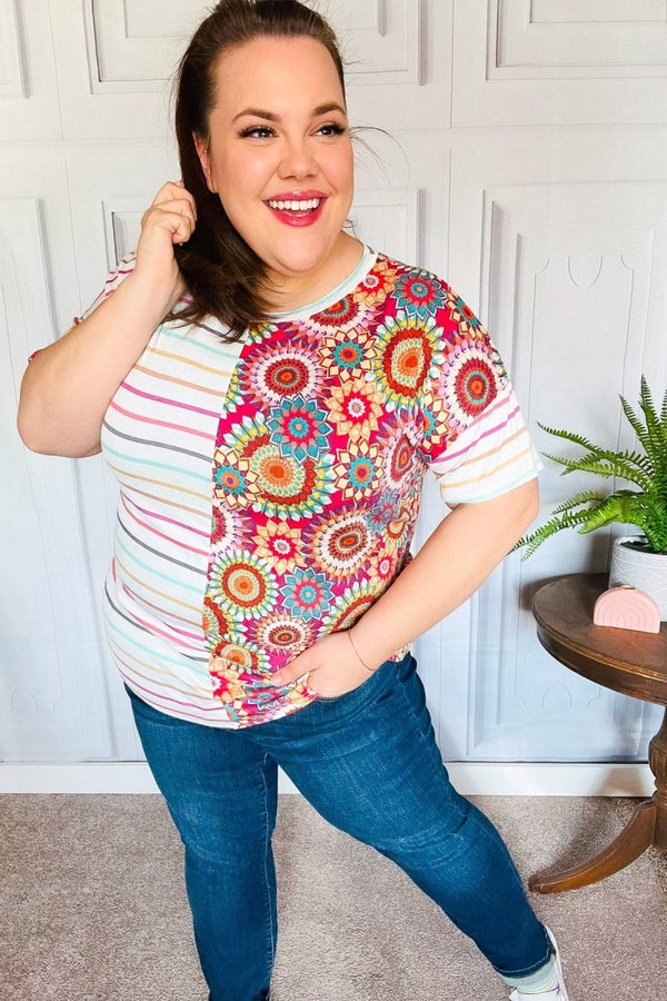Always Fun Ivory & Fuchsia Stripe and Crochet Print Top - Coeur de la Mode