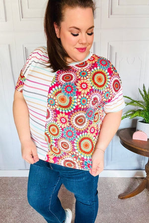 Always Fun Ivory & Fuchsia Stripe and Crochet Print Top - Coeur de la Mode