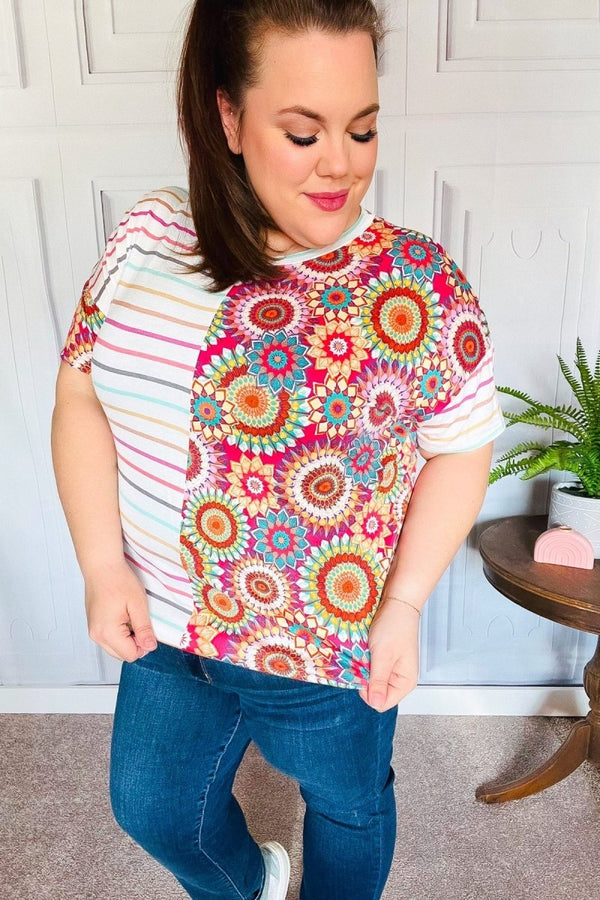 Always Fun Ivory & Fuchsia Stripe and Crochet Print Top - Coeur de la Mode