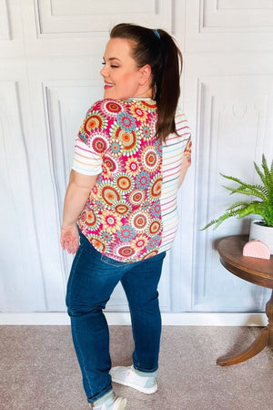 Always Fun Ivory & Fuchsia Stripe and Crochet Print Top - Coeur de la Mode